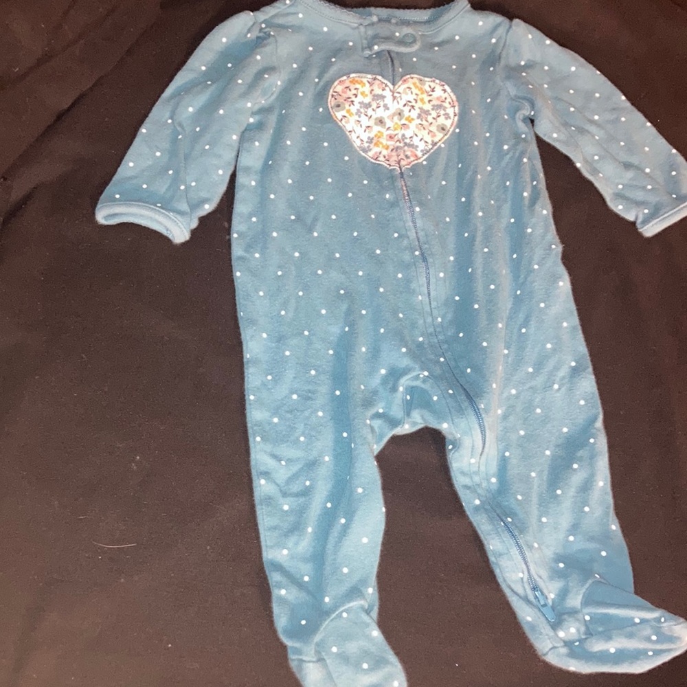 Blue one piece with white polkadots and heart